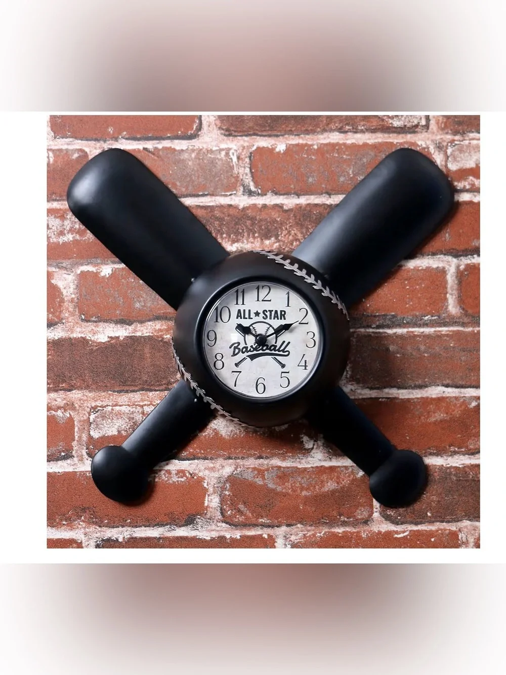 Baseball Black Wall Clock with Crossed Bats